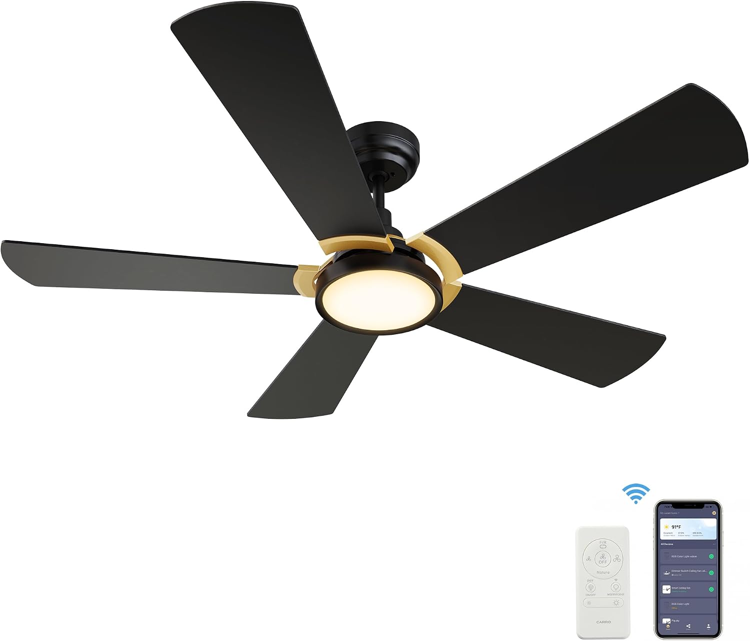 SMAAIR 52 Inch Black Ceiling Fan with Lights Remote Control and 10 Speed DC Motor, Low Profile Ceiling Fan with Dimmable Light works with Alexa/Google Assistant/Siri Shortcuts, 5 Blade, Black/Gold