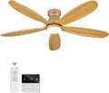 48 Inch Flush Mount Ceiling Fans with Lights and Remote, Modern Low Profile Wood Ceiling Fan with Light，Indoor Outdoor Ceiling Fans for Patio Office, Dimmable, Wall Switch, Memory Function