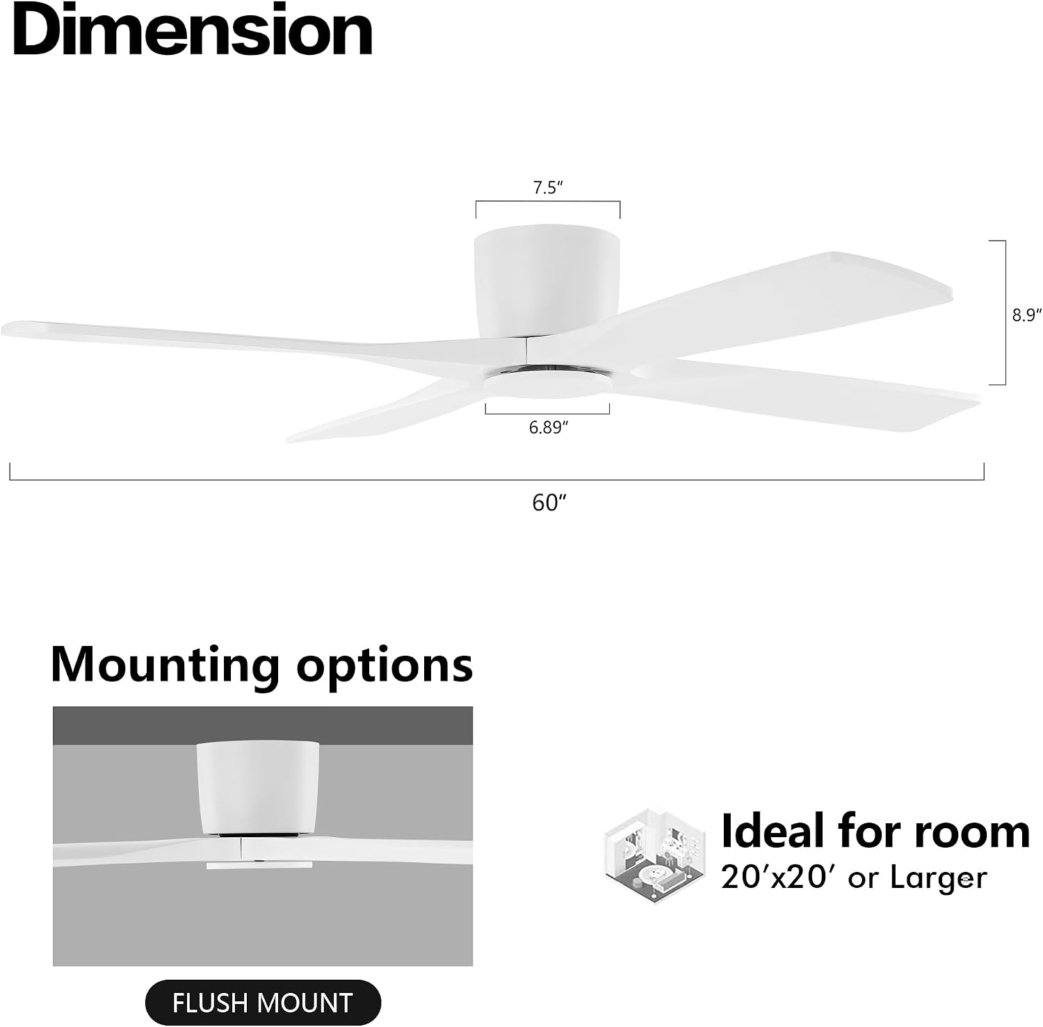 WINGBO 60 Inch Flush Mount DC Ceiling Fan without Lights, 4 Reversible Carved Wood Blades, 6-Speed Noiseless DC Motor, Hugger Ceiling Fan No Lights in Gloss White with White Blades