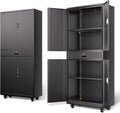 DNA Motoring 73'' Metal Storage Cabinet, Rolling Garage Cabinet with 1 Drawer and Adjustable Shelves, Lockable Heavy Duty Metal Locker for Garage,Office,Home,Gym, Black, TOOLS-00630-BK-BK-A