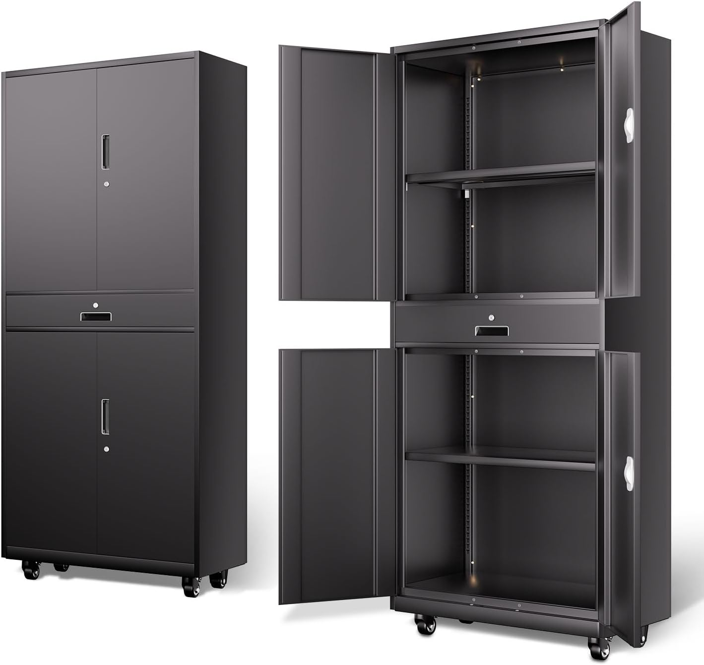 DNA Motoring 73'' Metal Storage Cabinet, Rolling Garage Cabinet with 1 Drawer and Adjustable Shelves, Lockable Heavy Duty Metal Locker for Garage,Office,Home,Gym, Black, TOOLS-00630-BK-BK-A