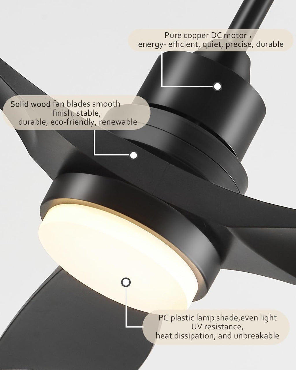 72 Inch Ceiling Fans with Lights Remote, Black Ceiling Fan Light, 3 Downrods, 3 Wood Blades, ETL Listed, Timer, 6 Speed Quiet Reversible DC Motor Outdoor Fans for Patios Bedroom, 72in,Black