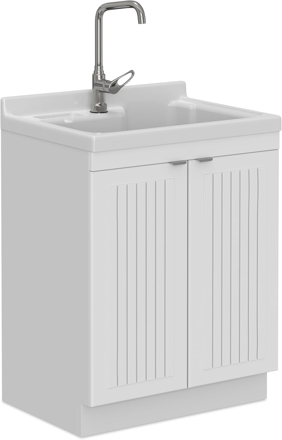 SIMPLIHOME Murphy All-in-One 28 inch Wide Utility Sink and Laundry Cabinet in Pure White Finish, Transitional ABS Sink Cabinet for Laundry Rooms with High-Arch Chrome Faucet and Pull-Out Spray