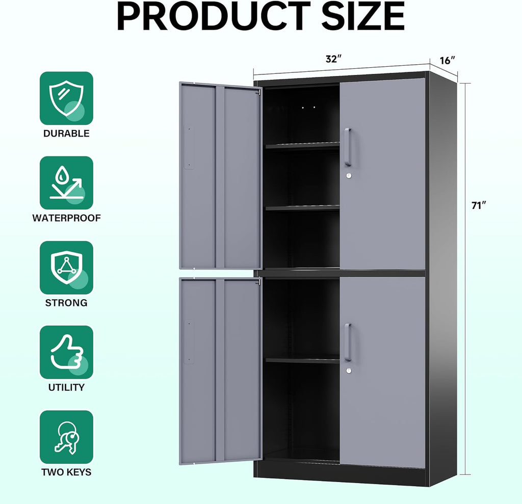 Letaya Metal Storage Cabinets with Lock Door and Shelves, Steel Garage Tool Cabinets for Home,Office, Warehouse,Lockers(71'-Black Gray)