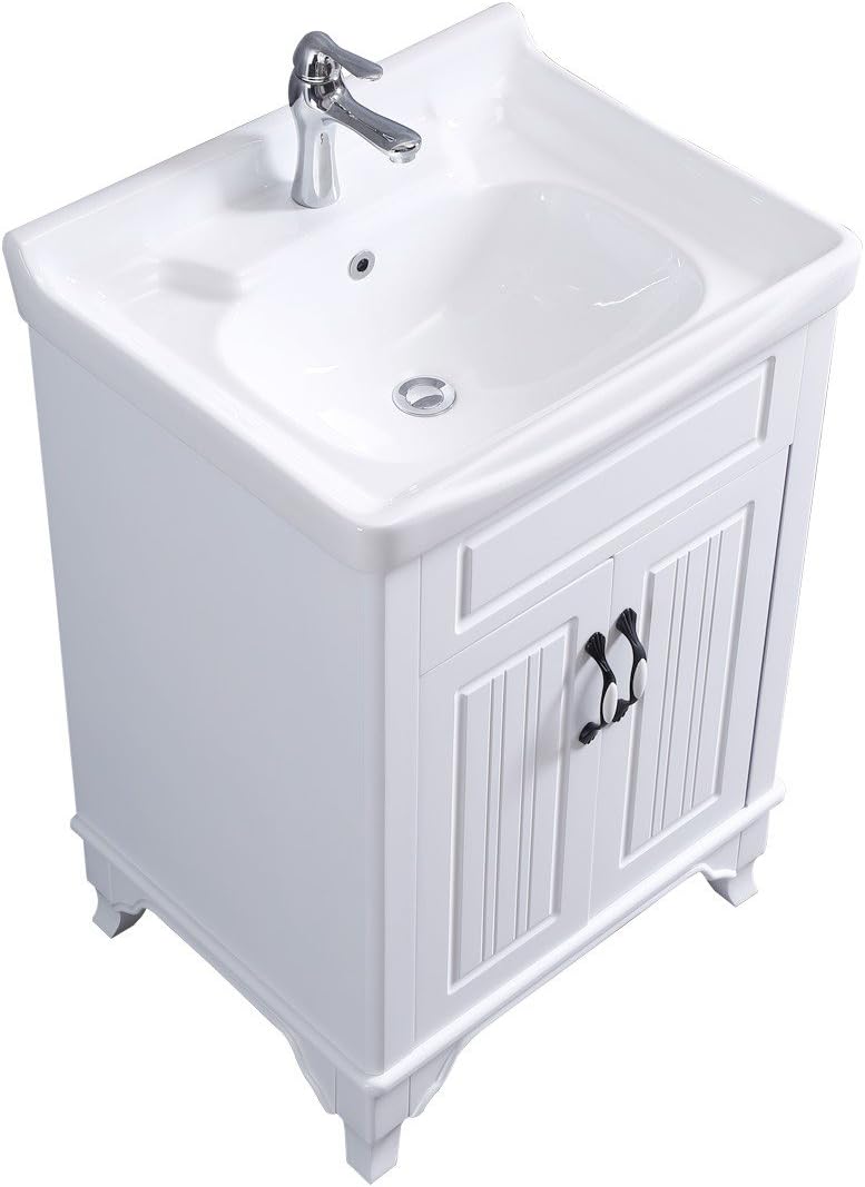 Renovators Supply Manufacturing Adeline White Wooden Cabinet Vanity Sink 24.25' W Large Free Standing Bathroom Sink Combo with Cabinet, Basin Sink, Overflow, Drain, Backsplash and Hardware
