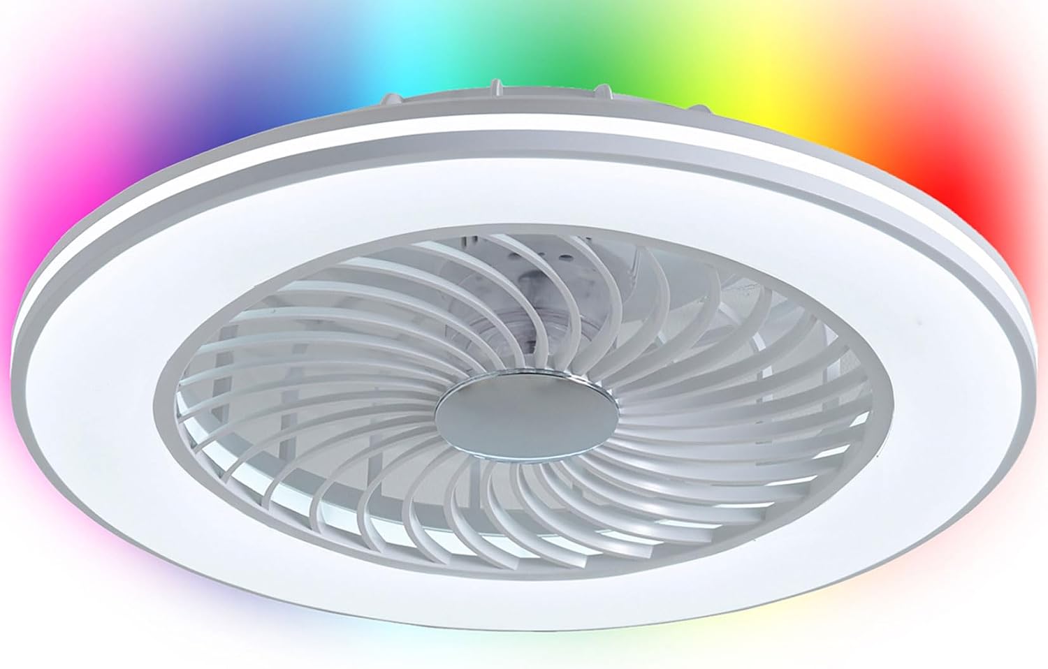 Low Profile Ceiling Fans with Lights, 24' Caged Modern Flush Mount Ceiling Fan with LED Light, Housing Finish White, RGB Back Light