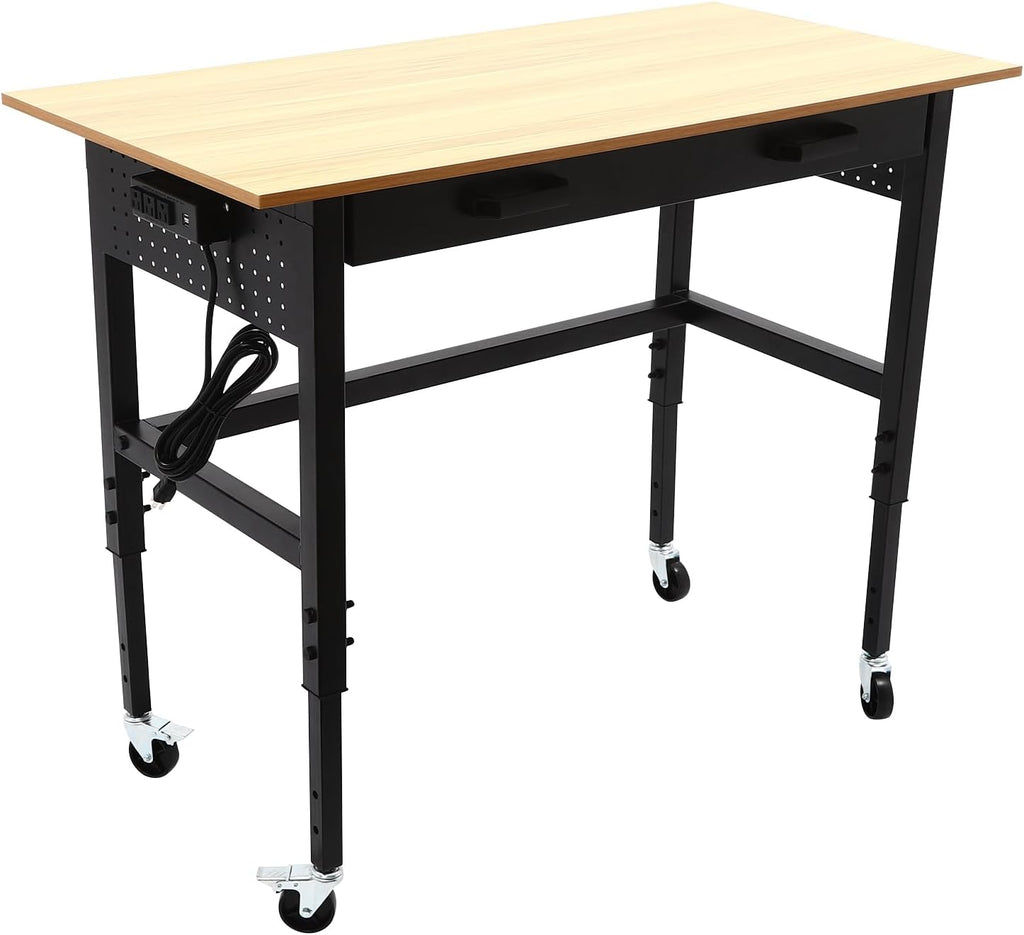 Adjustable Workbench with Power Outlets, 47' L X 24' W Hardwood Workbench Wood Work Station with Universal Wheels, Heavy-Duty Work Benches for Garage Party Shop Office