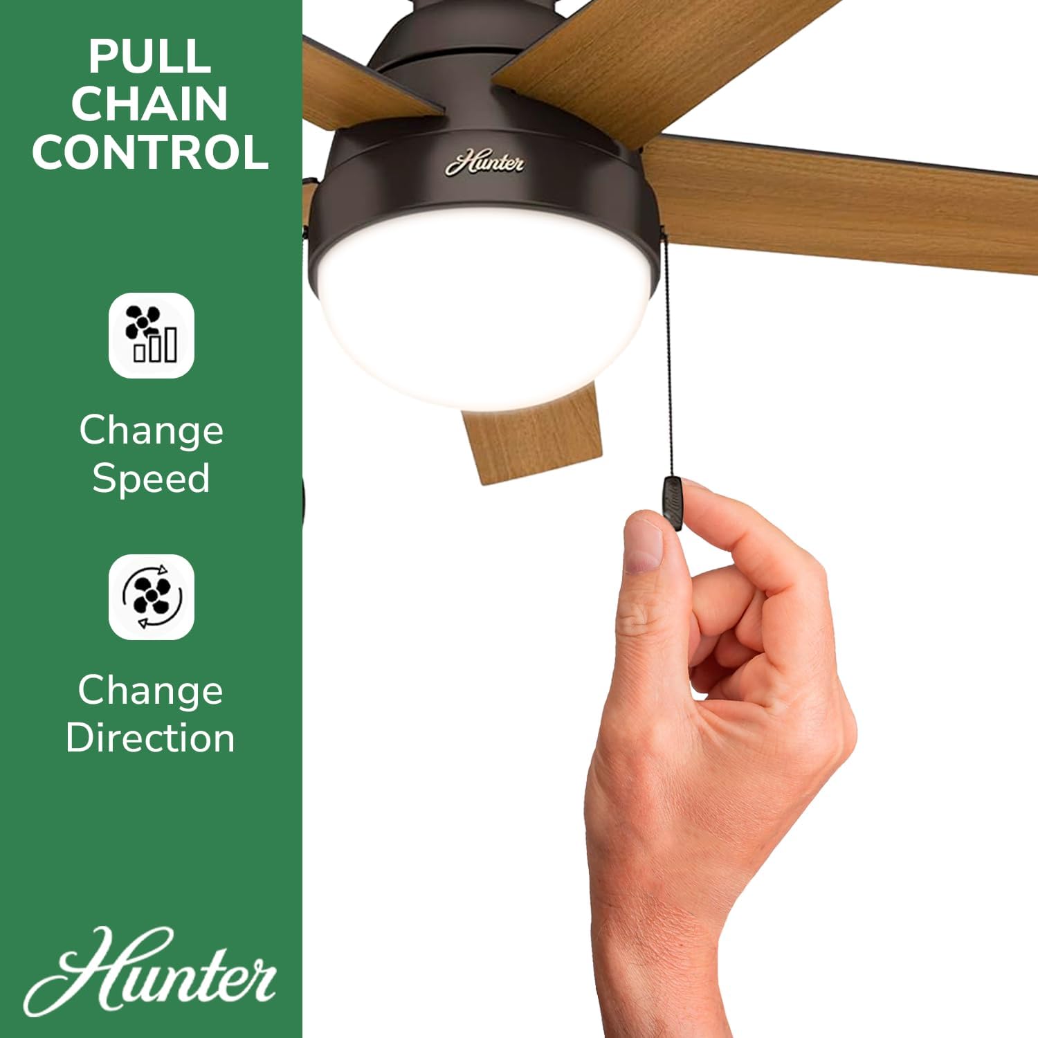 Hunter 46 inch Indoor Ceiling Fan with LED Light - Bronze Ceiling Fan with Pull Chain, For Bedroom, Living Room, or Kitchen, Low Profile Mount, No Remote, 5 Blades - Anslee 59268, Premier Bronze
