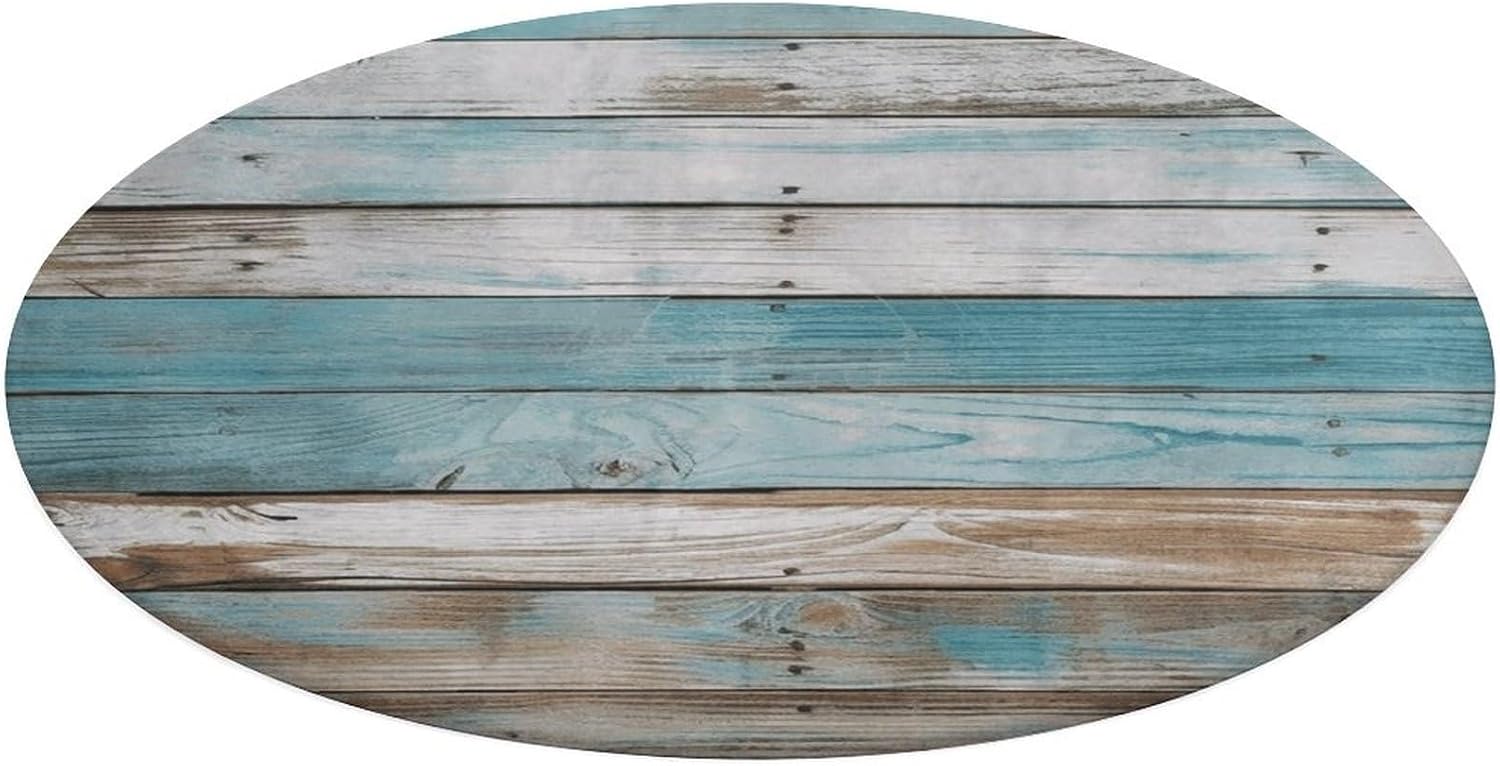 Vintage Beach Wood Old Blue Color Wooden Plank Coral Velvet Round Floor Mat Non-Slip Bath Rug Floor Covering for Bathroom Vanity Guest Suite & Vacation Home