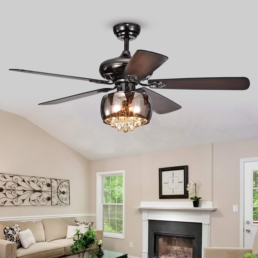 Warehouse of Tiffany CFL-8307 Nettle 3-Light Shaded Glass and Crystal 5-Blade Pear Black Ceiling Fan, 52'