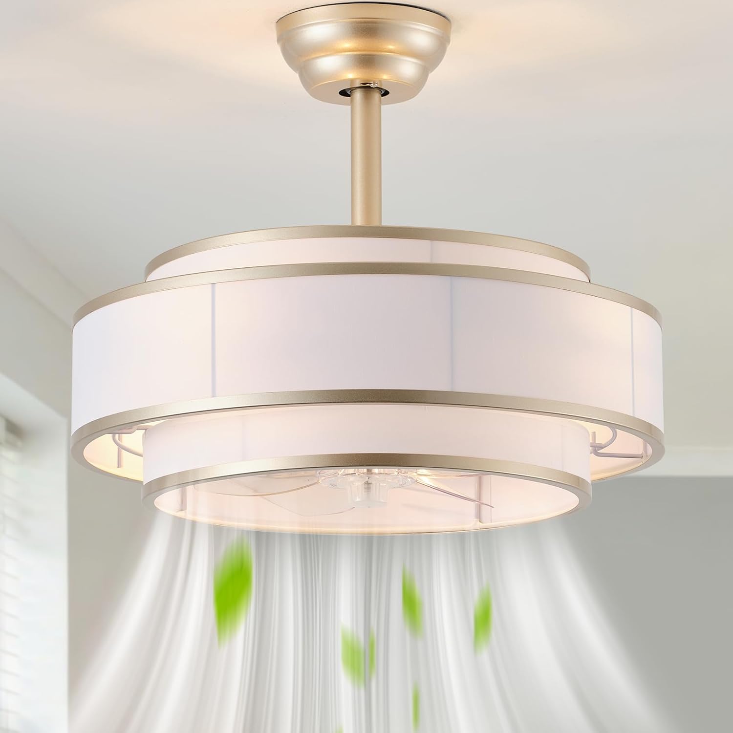 20' Caged Ceiling Fans with Lights and Remote, Fandelier Ceiling Fan with Light, Modern Bladeless Quiet Reversible Motor 6 Speeds for Bedroom, Nursery, Living Room, Gold