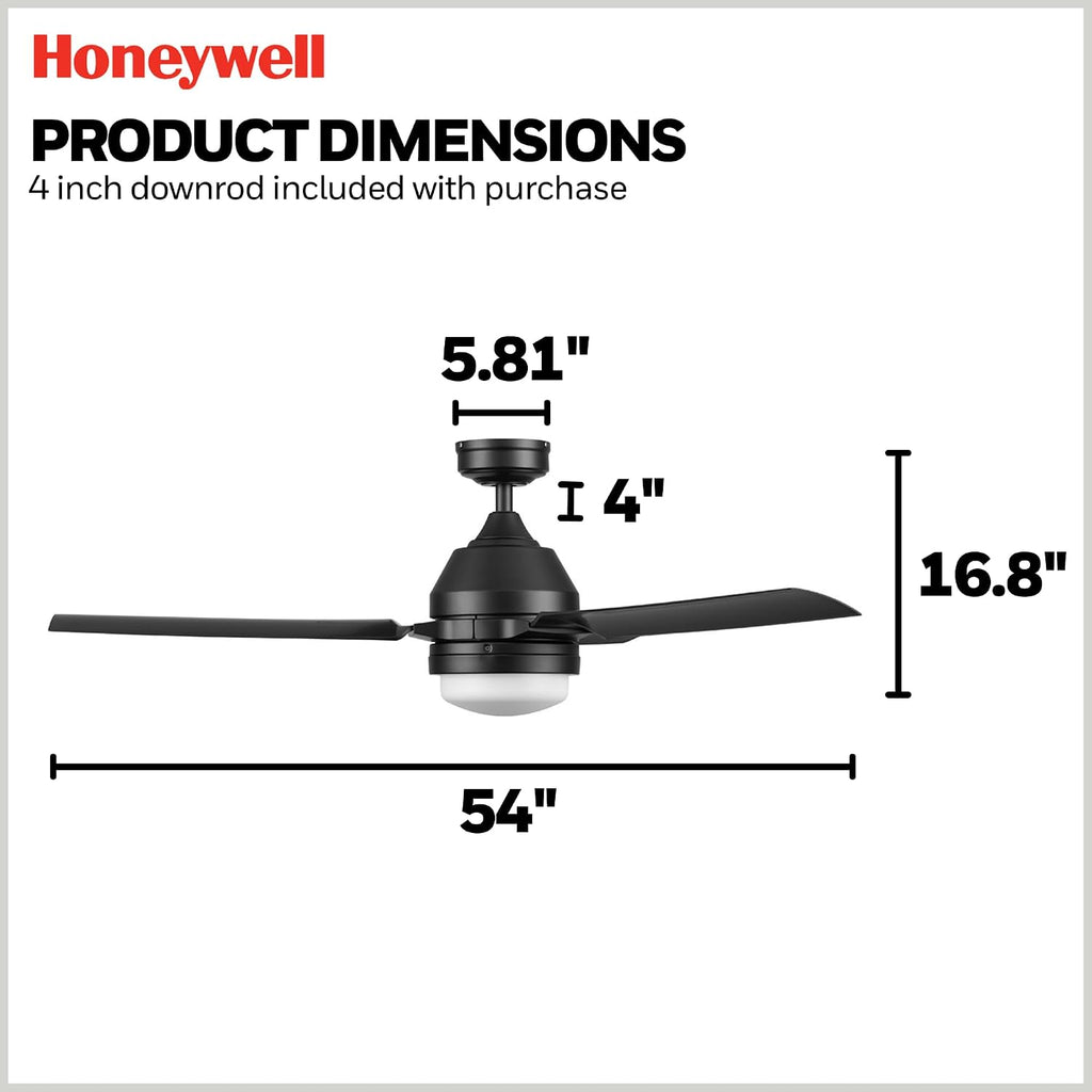 Honeywell Ceiling Fans Port Isle Modern 54 Inch Outdoor Ceiling Fan with Light, LED Fan with Remote Control, 3 Contemporary Matte Black Weather Resistant Blades, Black (51986-01)