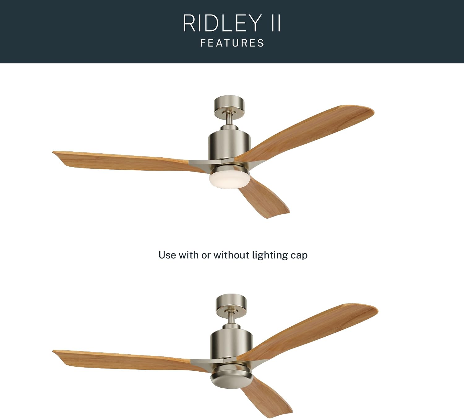 Kichler Ridley II 52 in Ceiling Fan with Light, 3-Blade LED Indoor Fan with Etched Cased Opal Glass in Brushed Stainless Steel, Medium Oak Blades for Living Room, 300027BSS