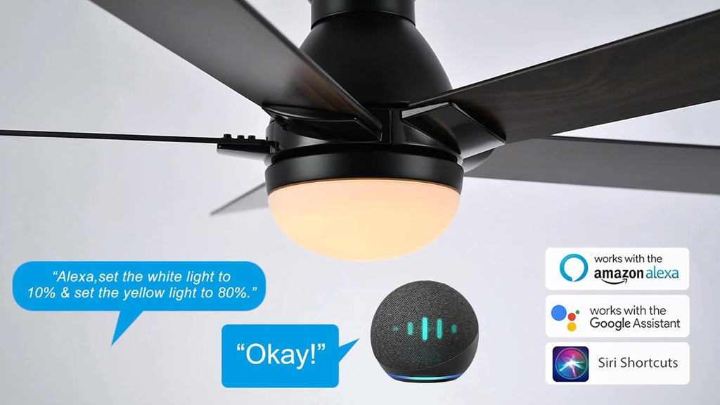 SMAFAN Smart Ceiling Fans with Lights Flush Mount 52', 3 Light Colors Dimmable, 10 Speeds DC Ceiling Fan with Remote, Outdoor Ceiling Fan Compatible with Alexa, Siri & Google Home, Black & Dark Walnut