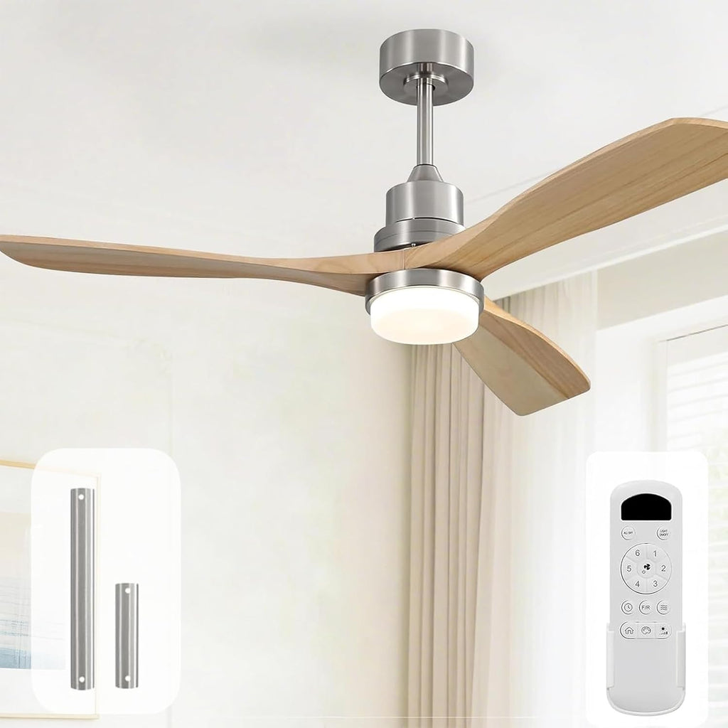 Sofucor 52 Inch Ceiling Fan with Lights and Remote Control-Modern Solid Wood Blade Ceiling Fan for Bedroom Living Room Indoor Outdoor Farmhouse Patio, Noiseless DC Motor, Sandy Nickel & Natural Wood