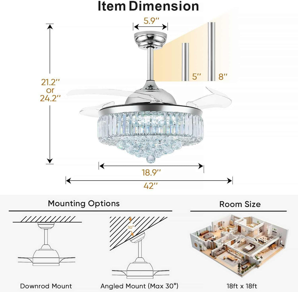42'' Fandelier Ceiling Fans with Light, Chandelier Ceiling Fan, Retractable Ceiling Fan for Bedroom, Living Room, 3 Color Change, LED Dimmable, 6 Speeds, Reversible DC Motor- Chrome