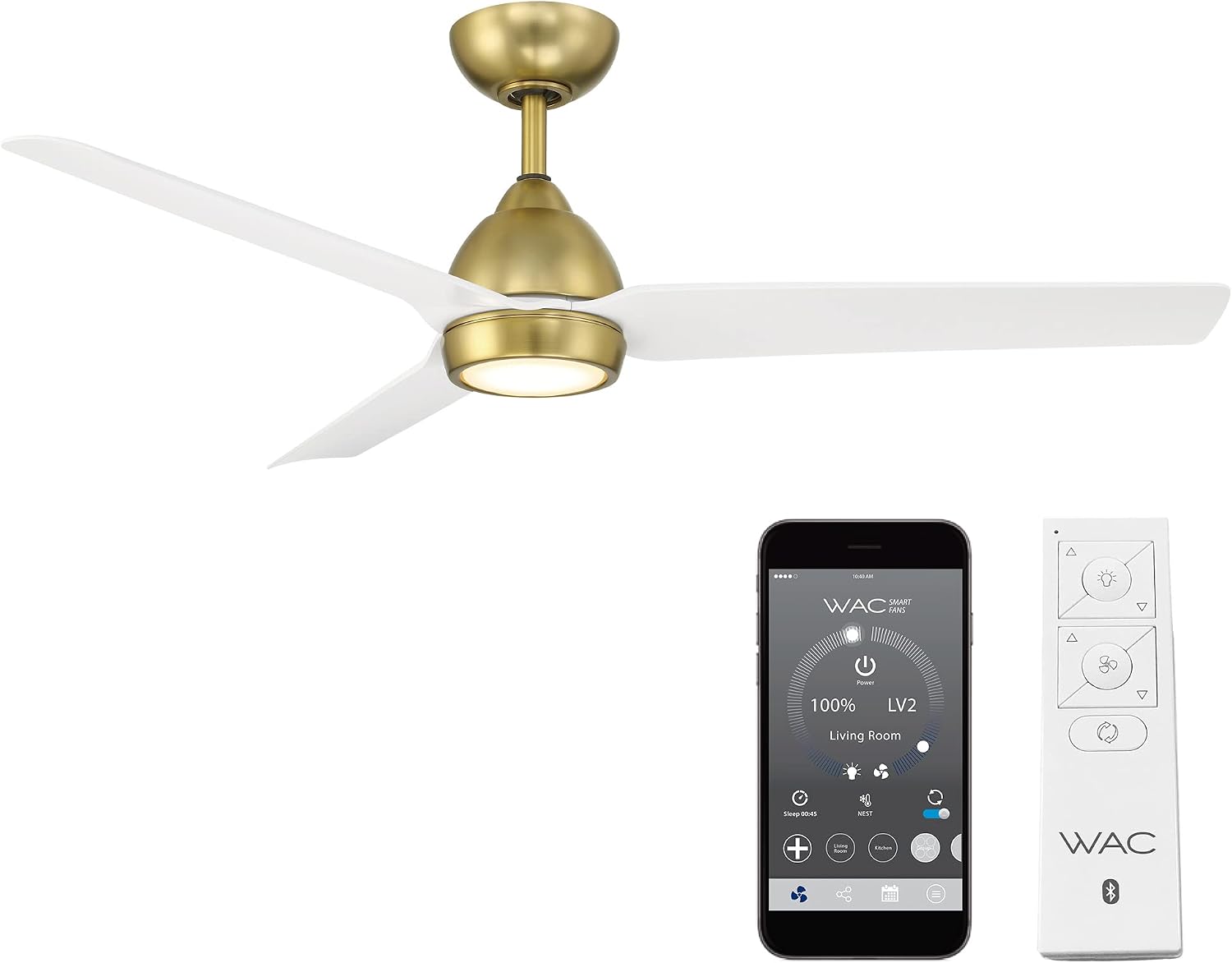 WAC F-001L-SB/MW Mocha 54' Outdoor Ceiling Fan with LED Lights and Remote, Soft Brass Matte White