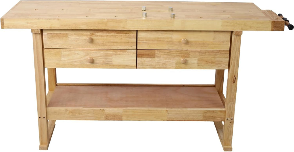 Gecheer 60-inch Wooden Workbench with 4 Drawers, Heavy-Duty Rubberwood Garage Work Table, Includes 4 Bar Clamps (12' & 16')