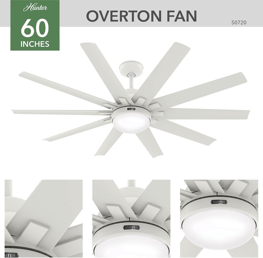Hunter 60 inch Outdoor or Indoor Ceiling Fan with LED Light - White Ceiling Fan with Wall Control, For Patio, Garage, or Porch, Quiet, Standard Mount, 10 Blades - Overton 50720, Matte White