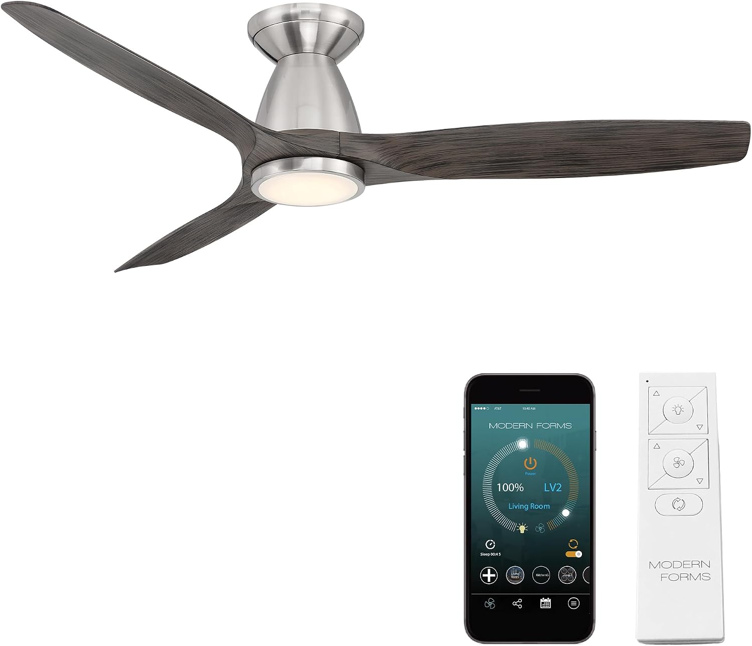 Skylark Smart Indoor and Outdoor 3-Blade Flush Mount Ceiling Fan 54in Brushed Nickel/Ebony Adjustable CCT 2700K-3000K-4000K-5000K LED Light Kit and Remote Control works with Alexa, iOS or Android App