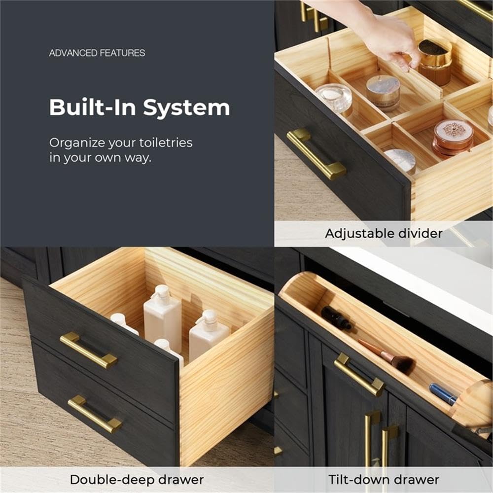 Pemberly Row 72' Double Bathroom Vanity, Matte Black Wood Finish, White Quartz Countertop with 2 Undermount Sinks, Soft-Close Storage, Shaker Style, Power Bar, Master or Guest Bathroom Use