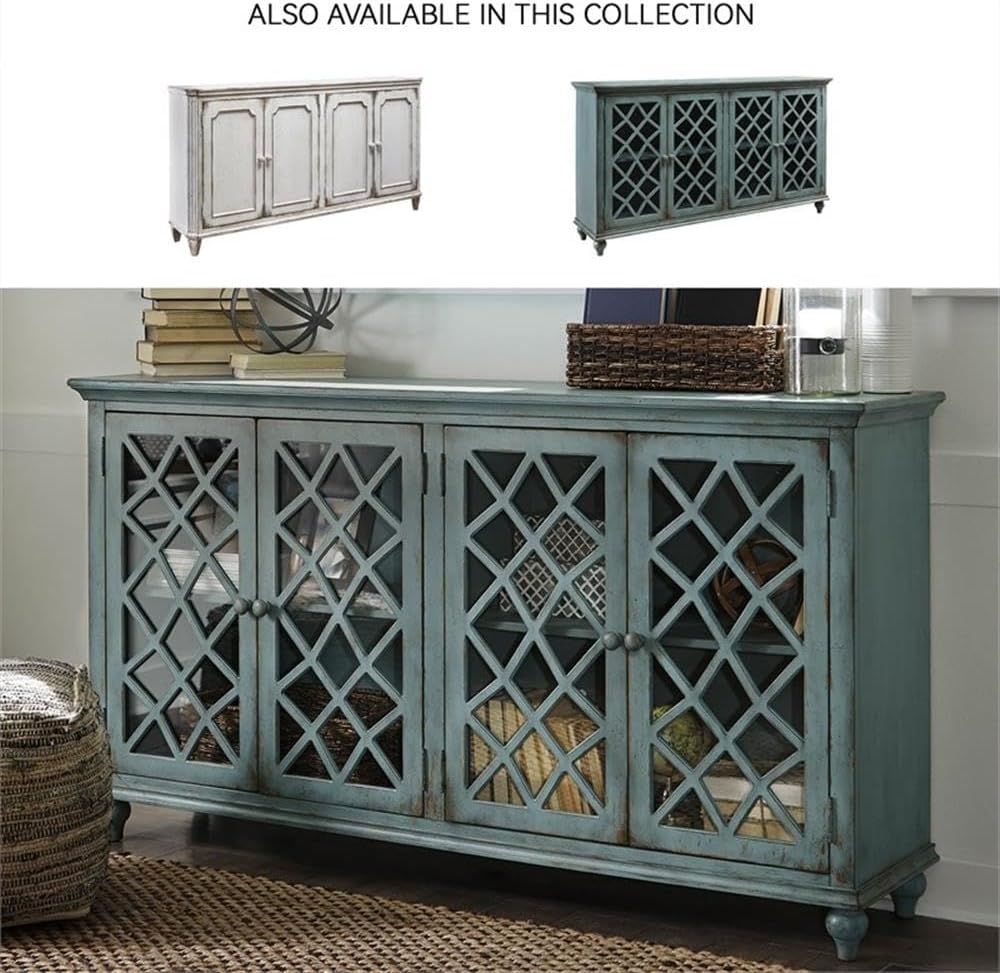 Signature Design by Ashley Mirimyn Vintage 69' 4-Door Accent Cabinet with Mirrored Glass and 2 Adjustable Shelves, Antique Blue