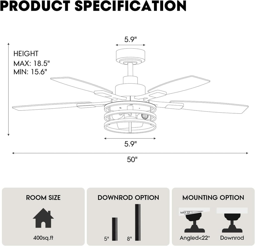 52 Inch Ceiling Fans with Lights and Remote Control, Farmhouse Ceiling Fan with LED Lighting for Bedroom Living Room and Patio, Black Caged Ceiling Fan for Indoor and Outdoor(NO Bulbs)