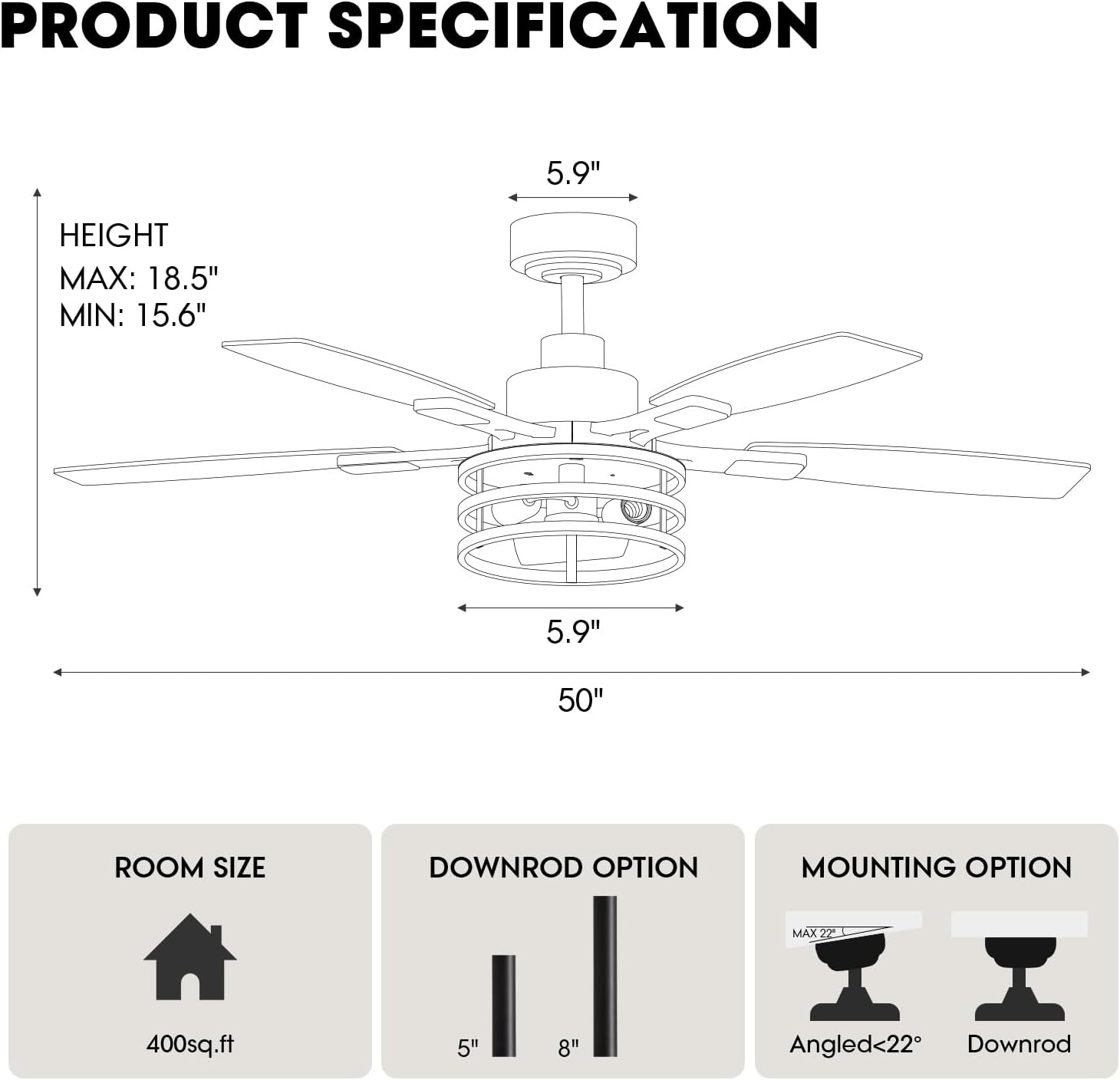 52 Inch Ceiling Fans with Lights and Remote Control, Farmhouse Ceiling Fan with LED Lighting for Bedroom Living Room and Patio, Black Caged Ceiling Fan for Indoor and Outdoor(NO Bulbs)