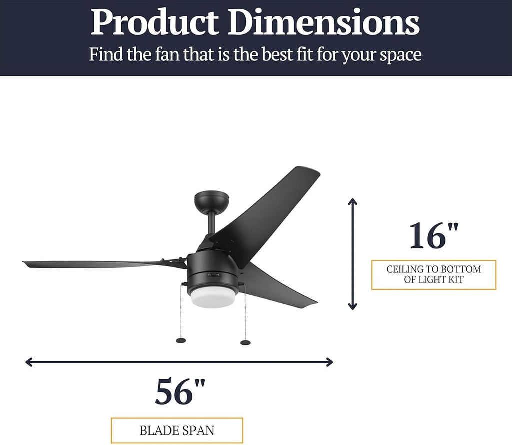 Prominence Home Teo 56' LED Indoor Outdoor Ceiling Fan with Light, Matte Black - Wet Rated Dual Mounting Fan with Pull Chain and Reversible Airflow