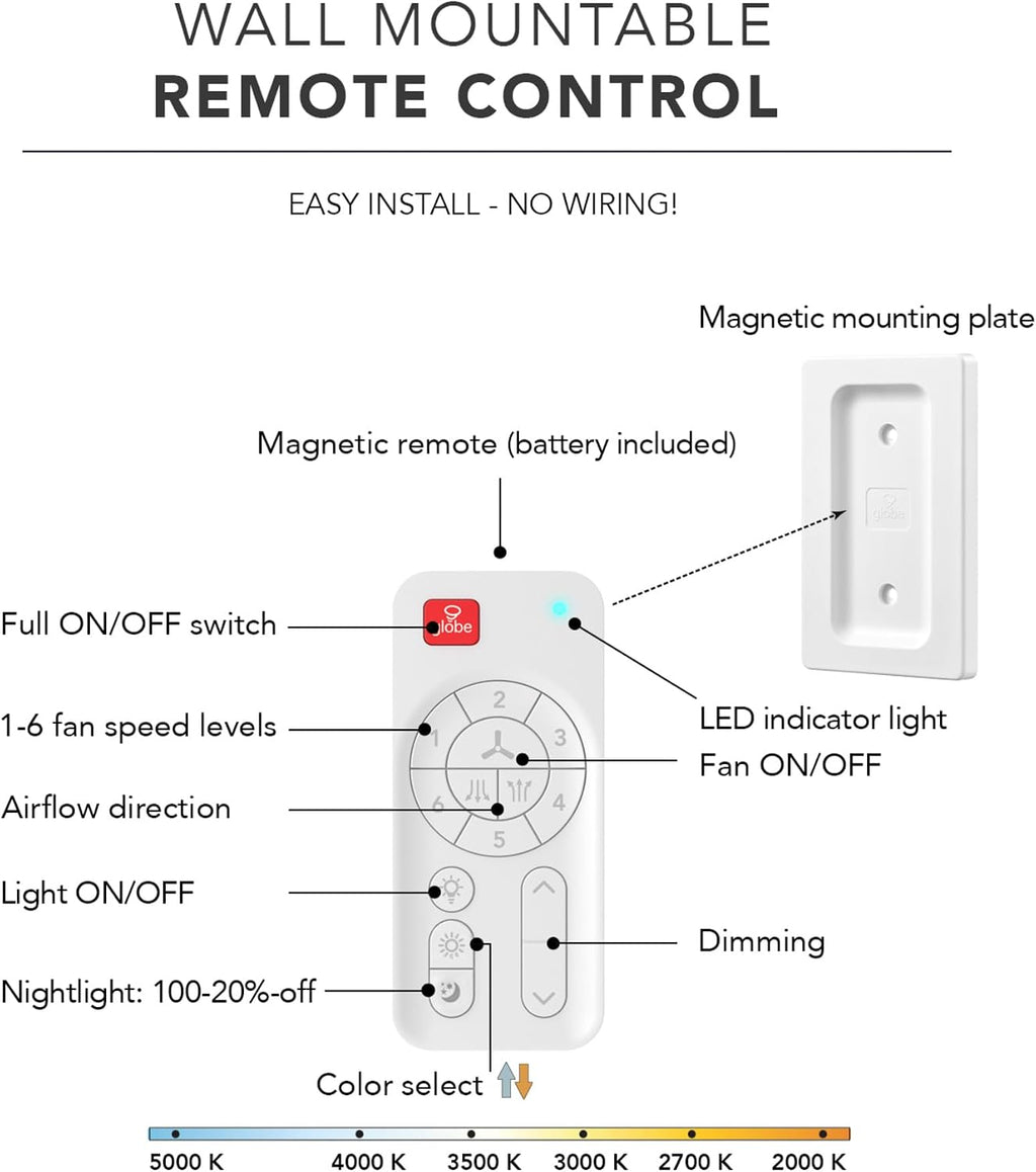 Globe Electric 37000106 30' Ceiling Fan with LED Light, Nightlight, Remote Control, WhisperQuiet DC Motor, 6 Speeds, Matte Black