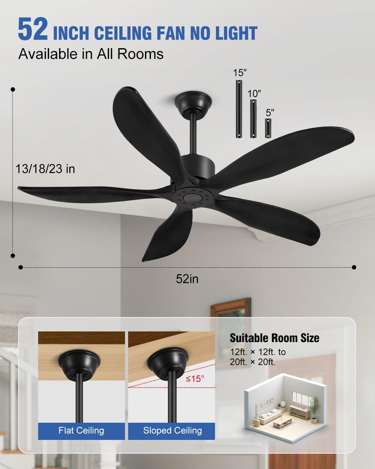 Yahada 52 Inch Ceiling Fan No Light with Remote, USA Original Patent Outdoor Ceiling Fans without Lights, 5 Wood Blades, 3 Downrods, Timer, 6 Speeds ETL DC Motor Ceiling Fans for Patios Bedroom, Black