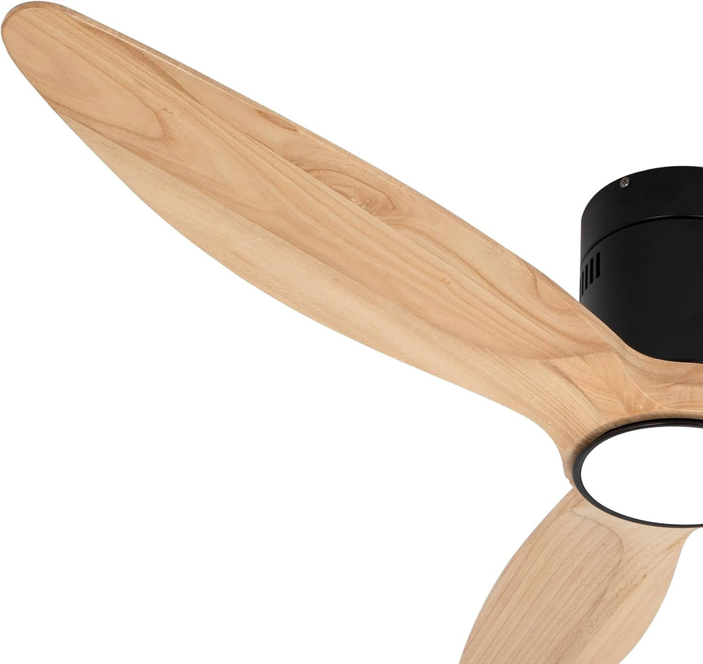 Wood Flush Mount Ceiling Fan with Light,52 inch Low Profile Modern Ceiling Fans for Outdoor/Patios/Bedroom/Office,3 color light,6 Speed,DC Motor,Wood and Modern Matte Black