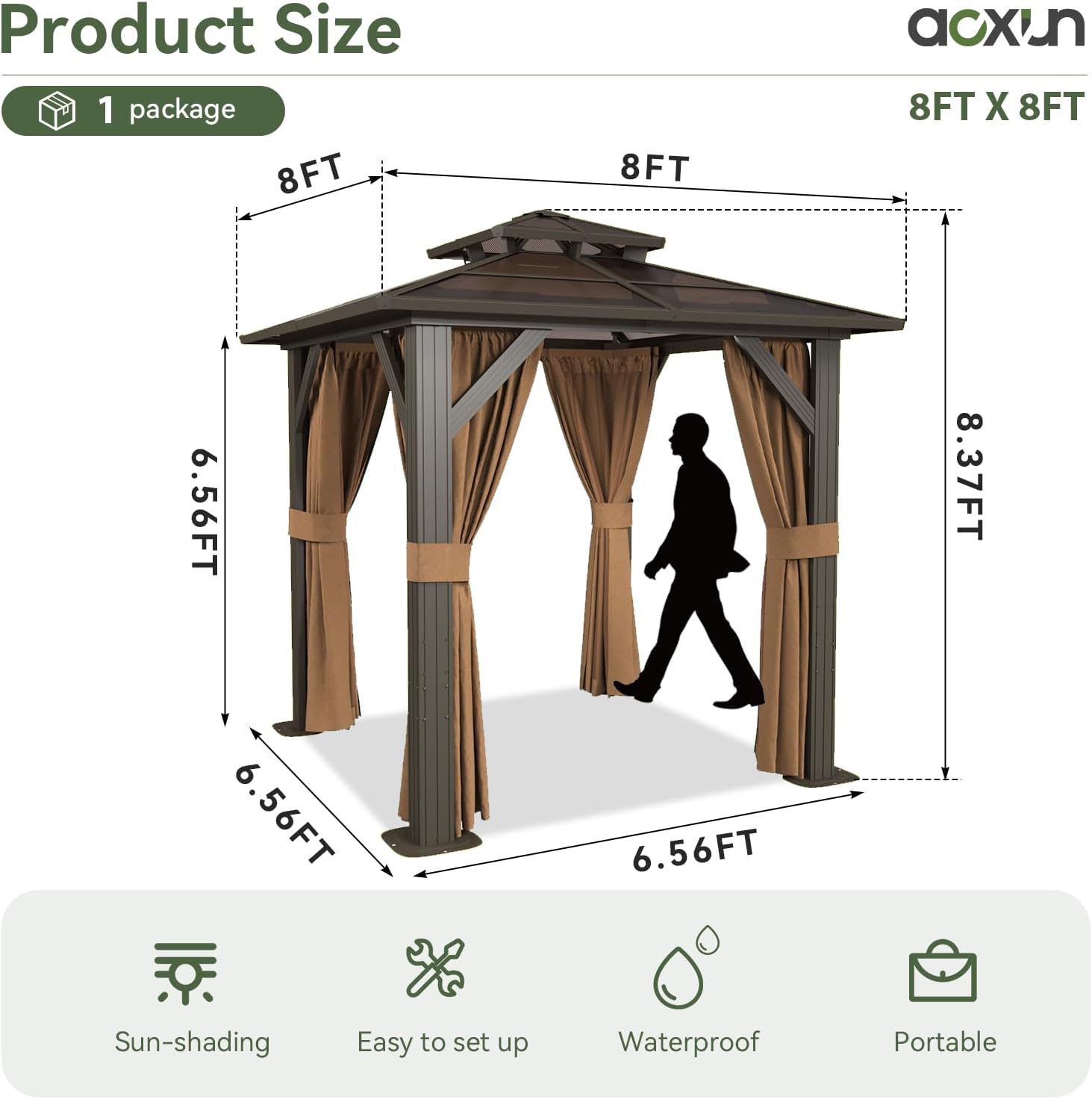 Aoxun 8'x8' Hardtop Gazebo, Metal Frame Permanent Pavilion with Curtains and Netting, Outdoor Polycarbonate Double Roof Canopy, Designed for Garden, Lawns, Patio, Brown