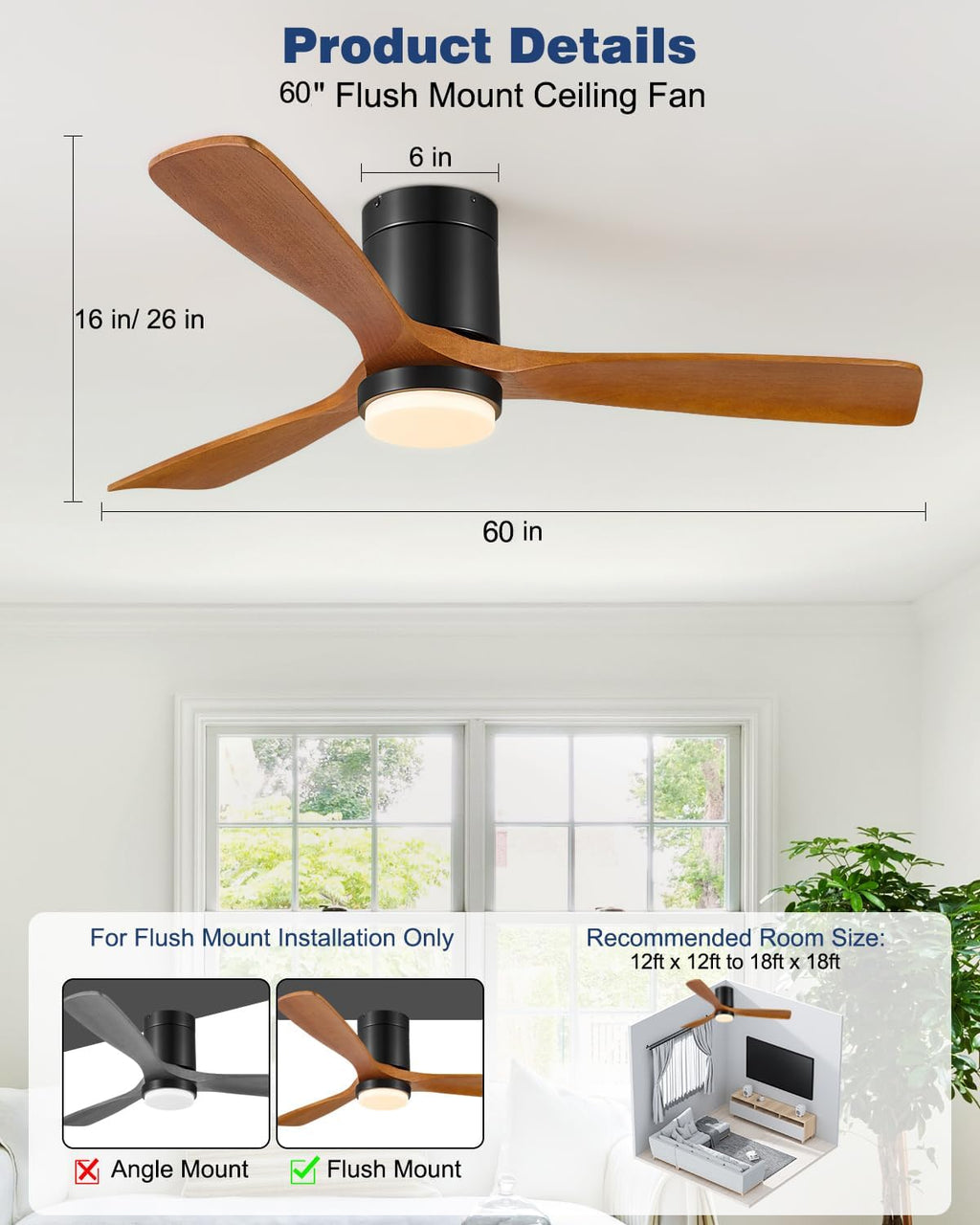 60 Inch Ceiling Fans with Lights Remote, 60' Flush Mount Outdoor Ceiling Fan Exterior, 3 Wood Blades, 6 Speeds, Timer, Quiet DC Motor Modern Low Profile Fan for Patio, 60in,Brown and Black