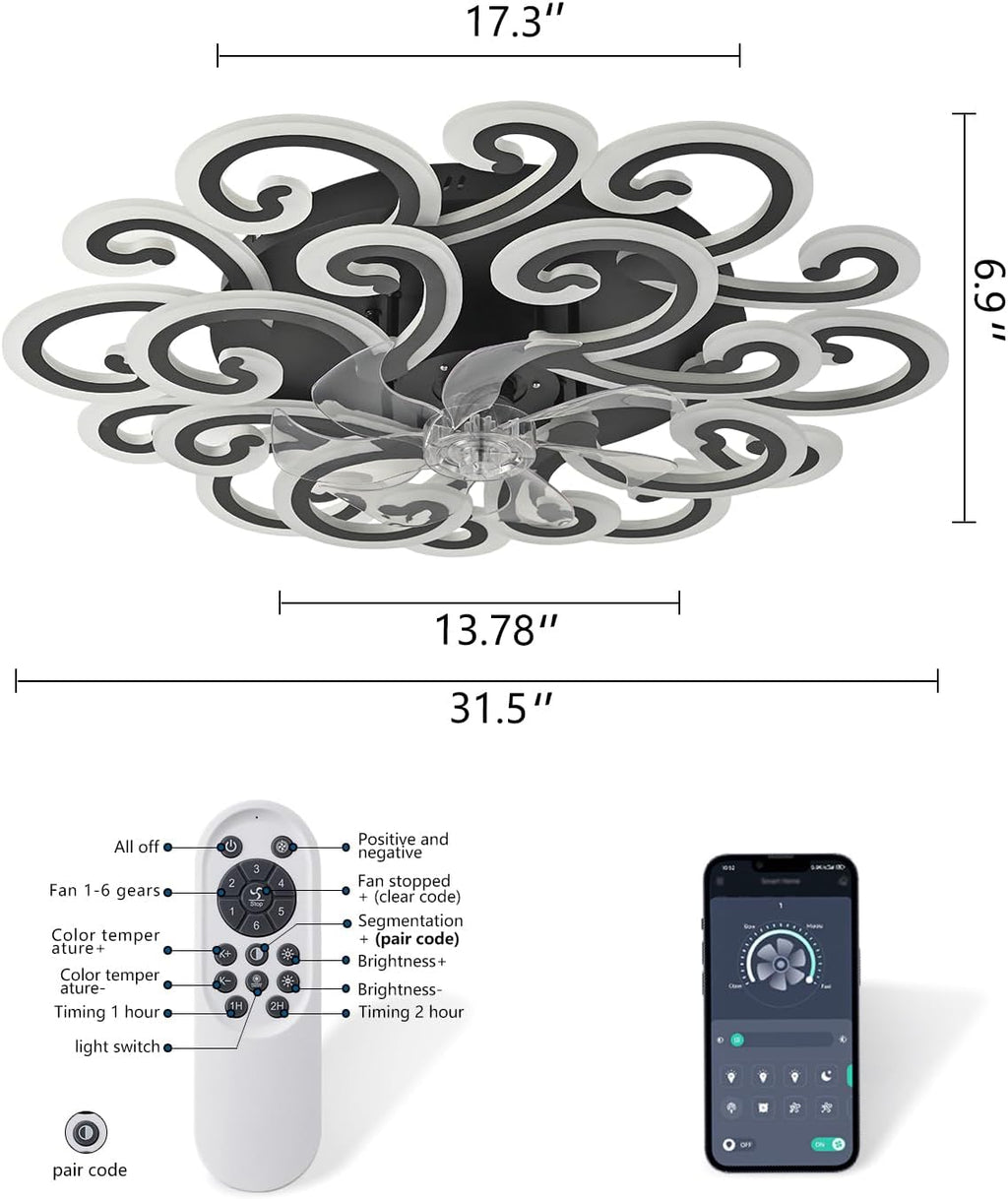 Modern LED Ceiling Light with Decorative Swirl Design, Energy-Efficient Ceiling Fan Lamp, Stylish Black and White Ceiling Light Fixture for Living Room, Bedroom, or Office