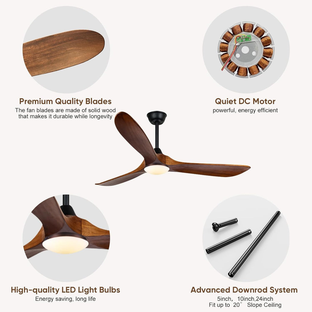 60 Inch Wood Ceiling Fan with Light and Remote, Rustic Farmhouse Ceiling Fan with Reversible DC Motor, Damp Rated Outdoor Ceiling Fans for Patios Porch Commercial, 3 Down Rods