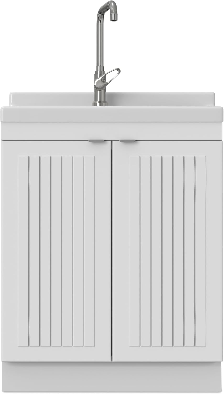 SIMPLIHOME Murphy All-in-One 28 inch Wide Utility Sink and Laundry Cabinet in Pure White Finish, Transitional ABS Sink Cabinet for Laundry Rooms with High-Arch Chrome Faucet and Pull-Out Spray