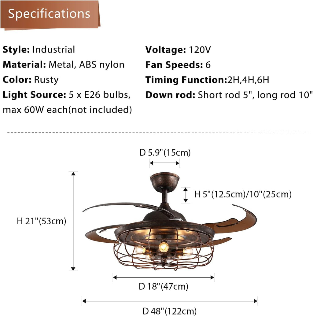 48 Inches Retractable Caged Ceiling Fan with Lights, Reverse Industrial Rusty Fandelier Fan Chandelier with Remote Control for Living Room Dining Room Bedroom - 5 Lights