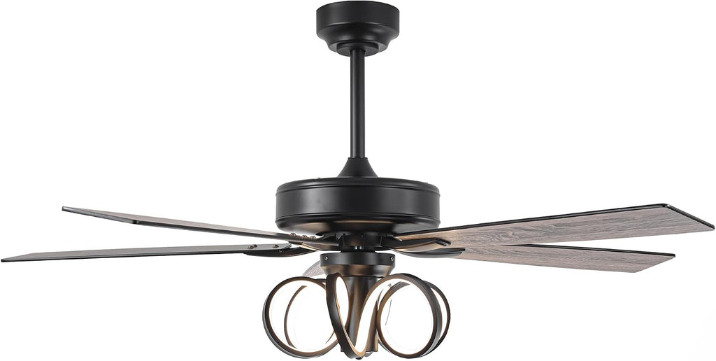 52 Inch Black Ceiling Fans with Lights and Remote - Creative Modern Ceiling Fan for Bedroom Living Room with 3CCT, 6 Speeds, Timer, Dual-Sided Reversible 5 Blades Indoor Outdoor Chandelier Fan
