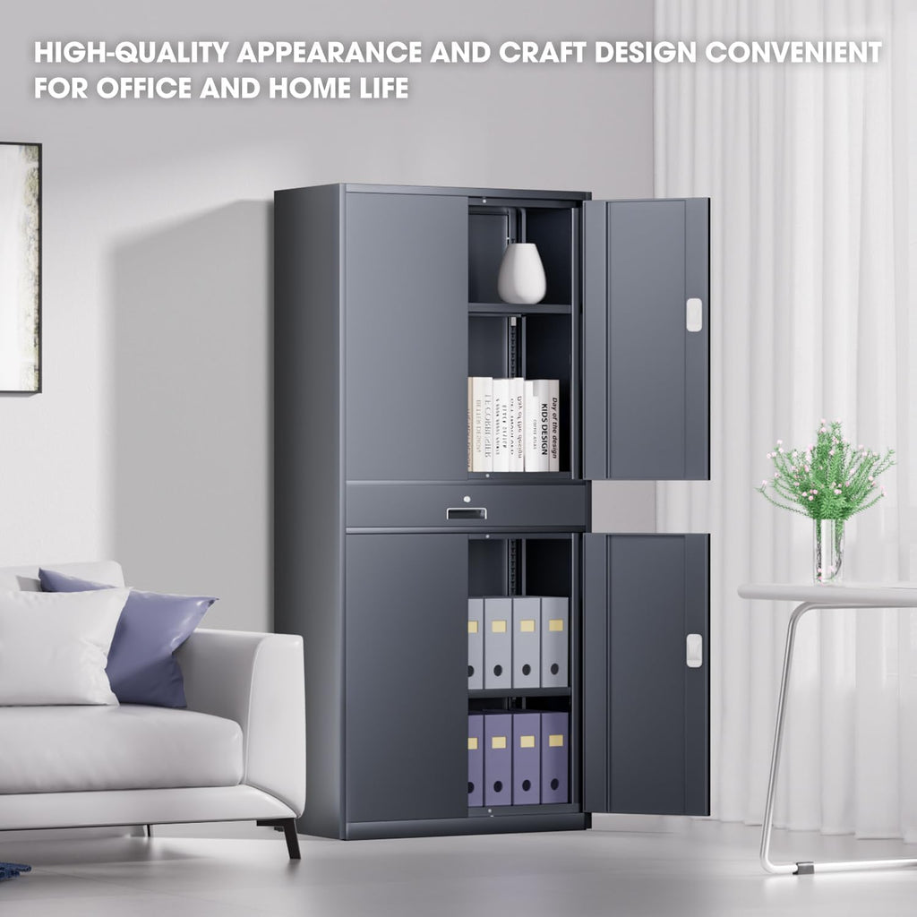 DNA Motoring 71'' Metal Storage Cabinet, Locking Tool Cabinet with 1 Drawer and Adjustable Shelves, Lockable Heavy Duty Metal Locker for Garage,Office,Home,Gym, Gray, TOOLS-00629-GY-GY-A
