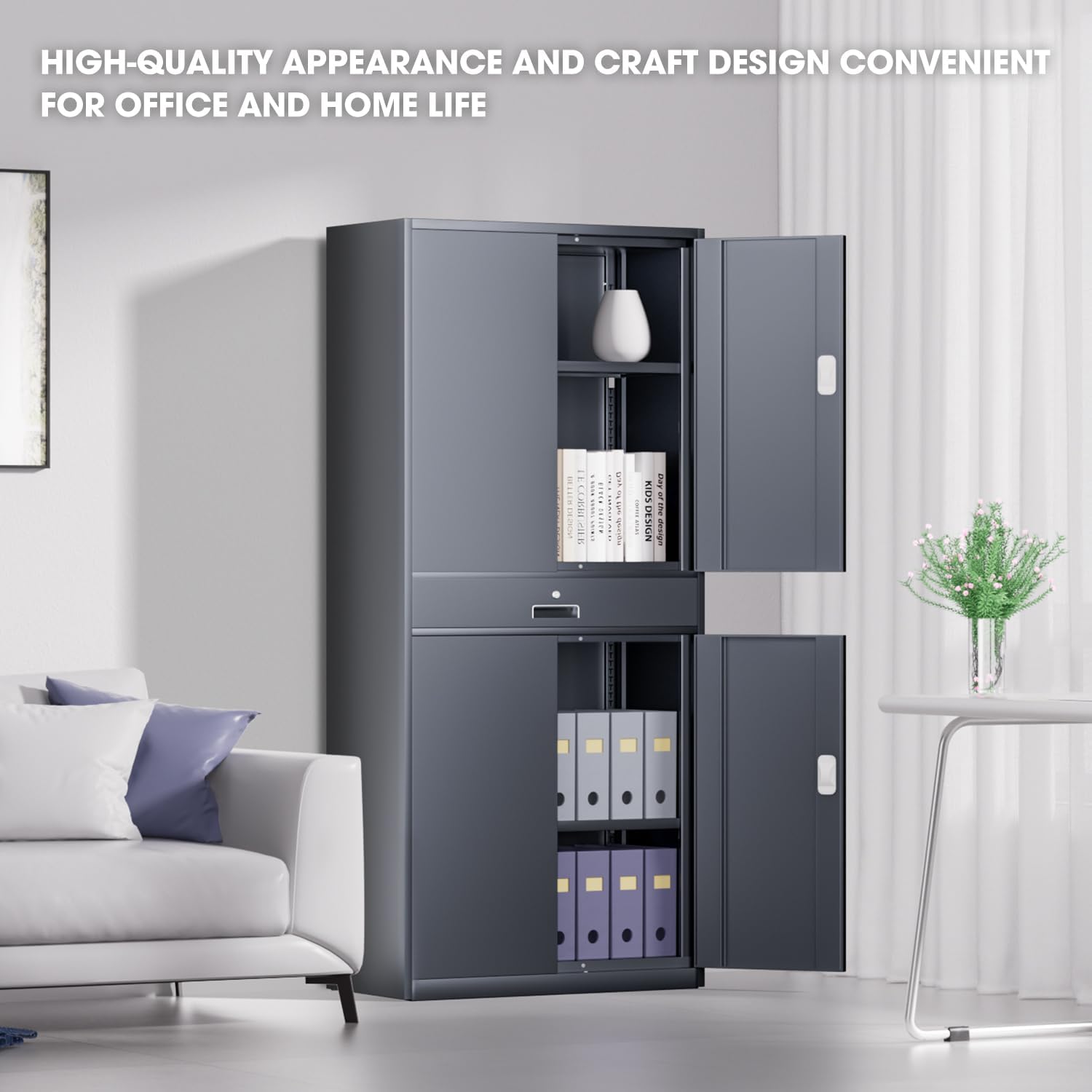 DNA Motoring 71'' Metal Storage Cabinet, Locking Tool Cabinet with 1 Drawer and Adjustable Shelves, Lockable Heavy Duty Metal Locker for Garage,Office,Home,Gym, Gray, TOOLS-00629-GY-GY-A