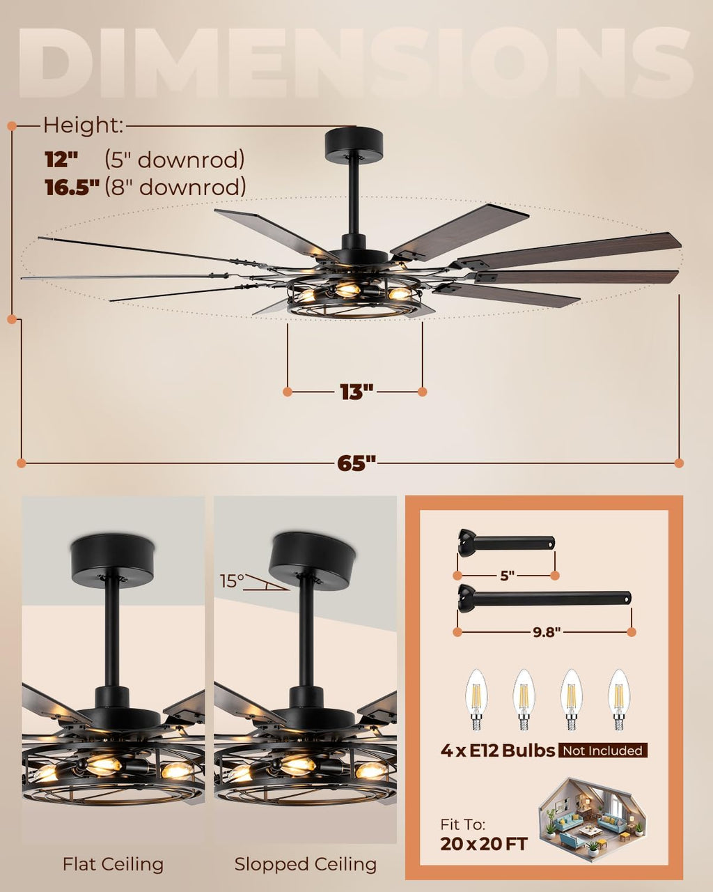 65 Inch Ceiling Fans with Lights, Farmhouse Ceiling Fan with Remote Rustic Caged Industrial Design, Dual Finish 10 Blades Black Ceiling Fans with Quiet Reversible Motor for Living Room Bedroom Patio