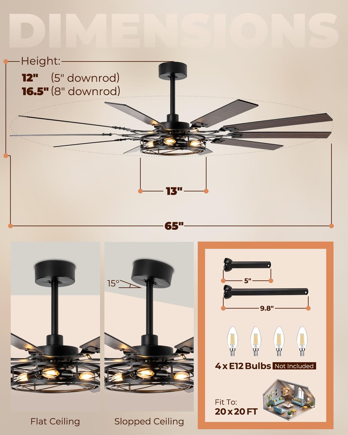 65 Inch Ceiling Fans with Lights, Farmhouse Ceiling Fan with Remote Rustic Caged Industrial Design, Dual Finish 10 Blades Black Ceiling Fans with Quiet Reversible Motor for Living Room Bedroom Patio