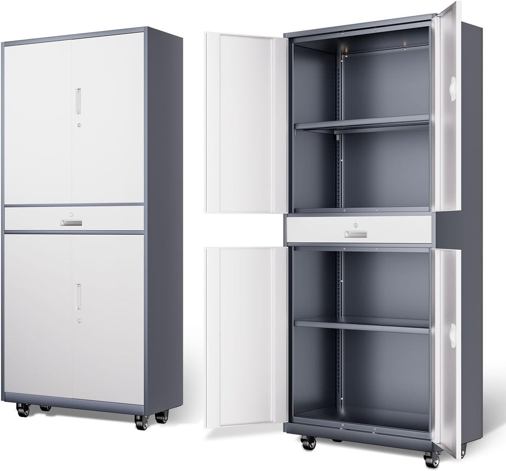DNA Motoring 73'' Metal Storage Cabinet, Rolling Garage Cabinet with 1 Drawer and Adjustable Shelves, Lockable Heavy Duty Metal Locker for Garage,Office,Home,Gray White, TOOLS-00630-GY-WH-A