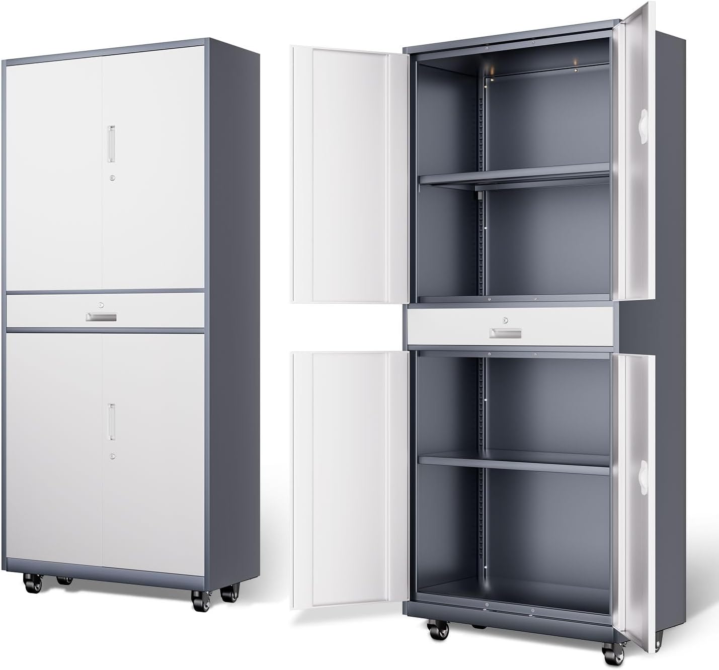 DNA Motoring 73'' Metal Storage Cabinet, Rolling Garage Cabinet with 1 Drawer and Adjustable Shelves, Lockable Heavy Duty Metal Locker for Garage,Office,Home,Gray White, TOOLS-00630-GY-WH-A