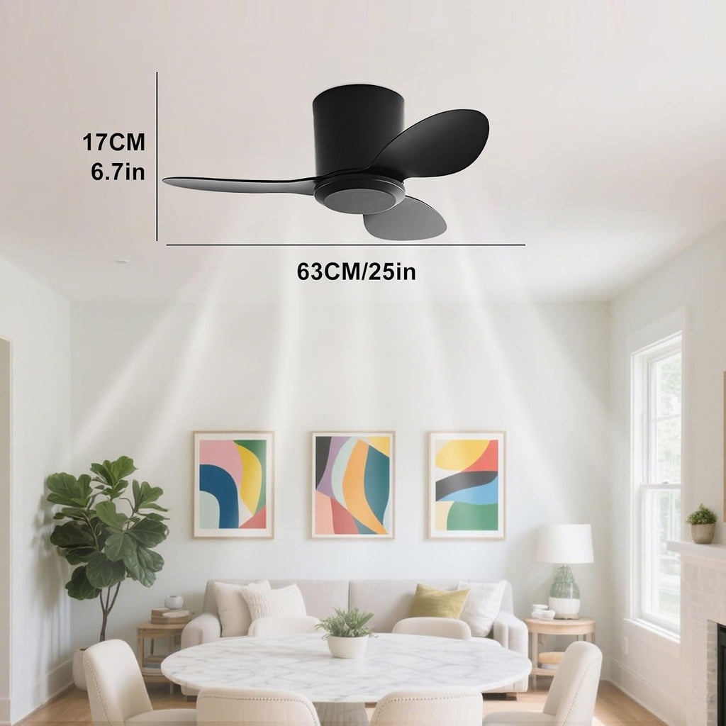 Flush Mount Ceiling Fan No Light Modern Small Ceiling Fans Remote Control 6 Speeds 25 Inch Ceiling Fan Without Lights Quiet DC Motor, 3 Blades For Restaurant Bedroom Patio Indoor