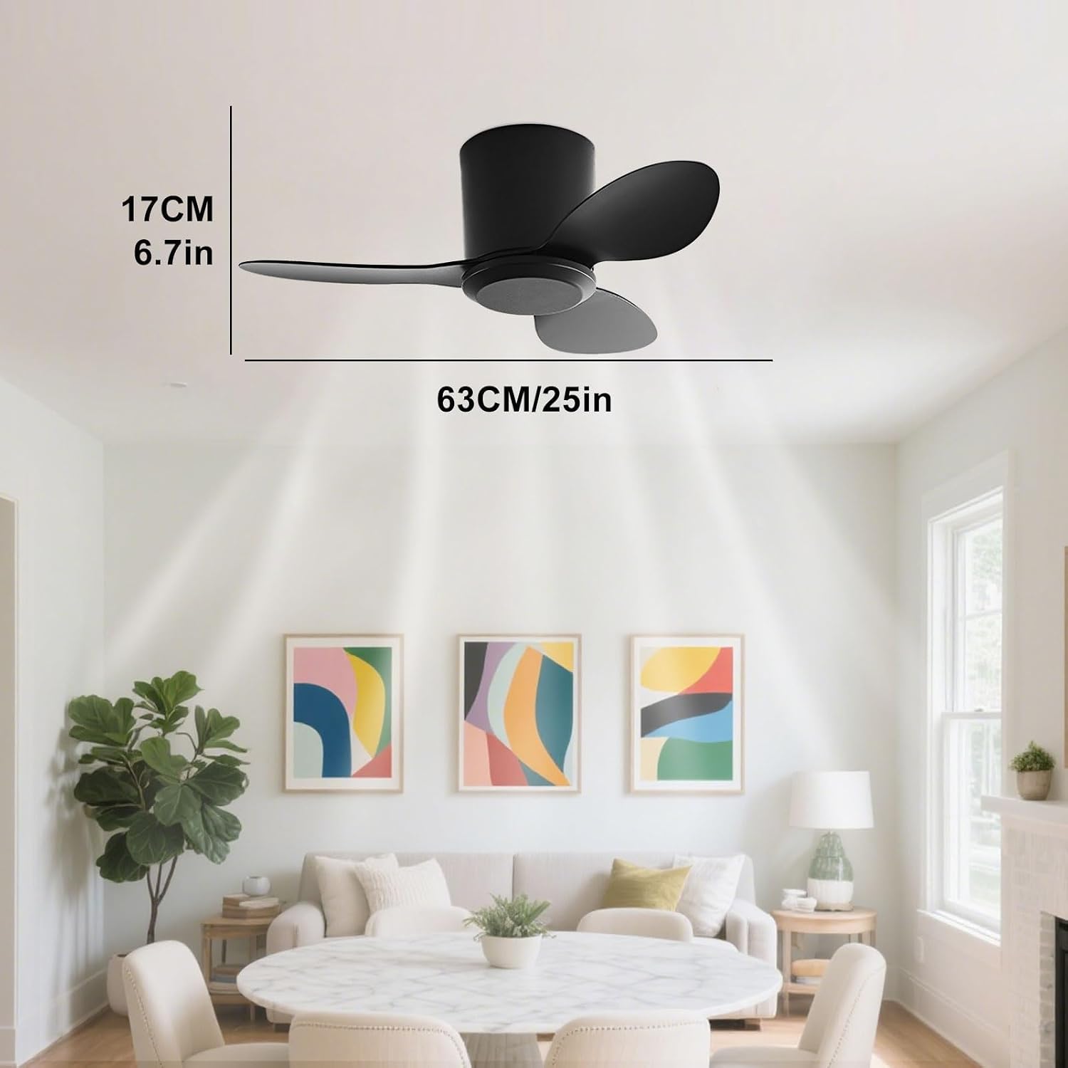 Flush Mount Ceiling Fan No Light Modern Small Ceiling Fans Remote Control 6 Speeds 25 Inch Ceiling Fan Without Lights Quiet DC Motor, 3 Blades For Restaurant Bedroom Patio Indoor
