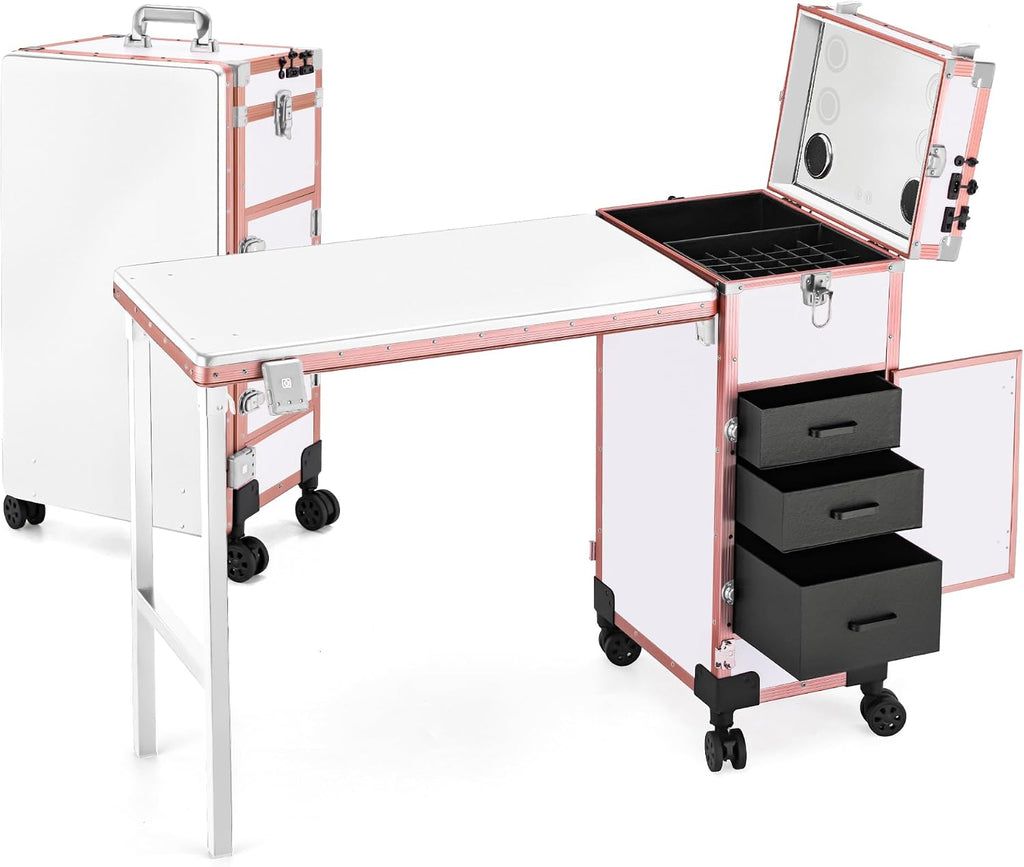 Portable Manicure Table 3 Drawers, Rolling Lockable Makeup Train Case with Blueteeth Speaker and Nail Polish Organizer, Foldable Nail Desk with Mirror & TSA Lock for Nail Tech and Salon Use