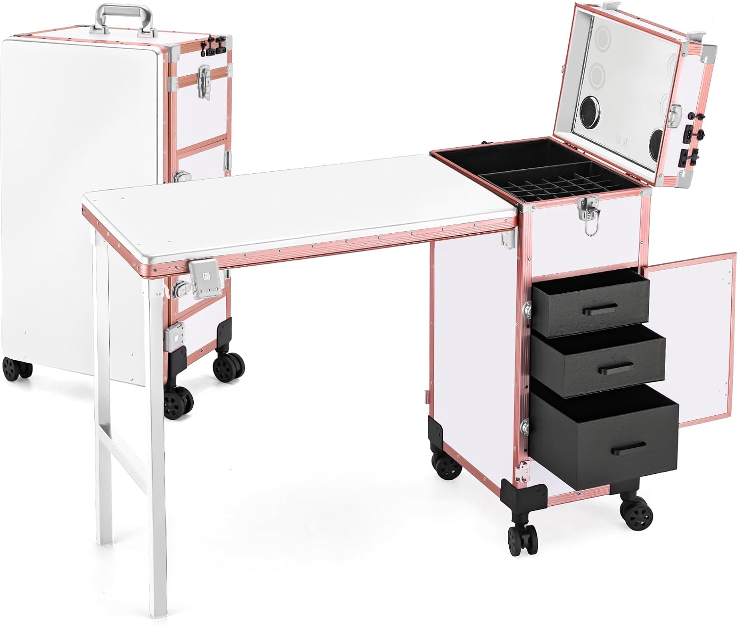 Portable Manicure Table 3 Drawers, Rolling Lockable Makeup Train Case with Blueteeth Speaker and Nail Polish Organizer, Foldable Nail Desk with Mirror & TSA Lock for Nail Tech and Salon Use
