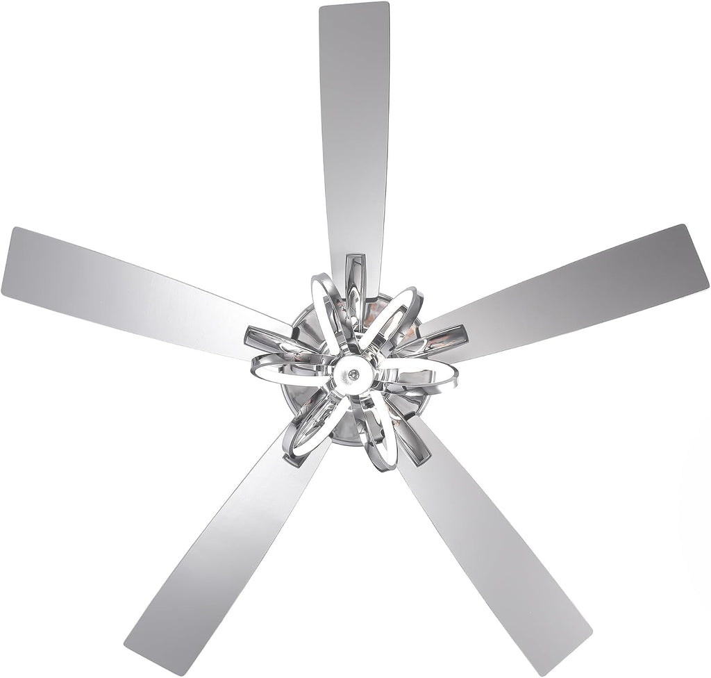 52 Inch Silver Ceiling Fans with Lights and Remote, Creative Modern Ceiling Fan for Bedroom Living Room with 3CCT, 6 Speeds, Timer, Dual-Sided Reversible 5 Blades Indoor Outdoor Chandelier Fan